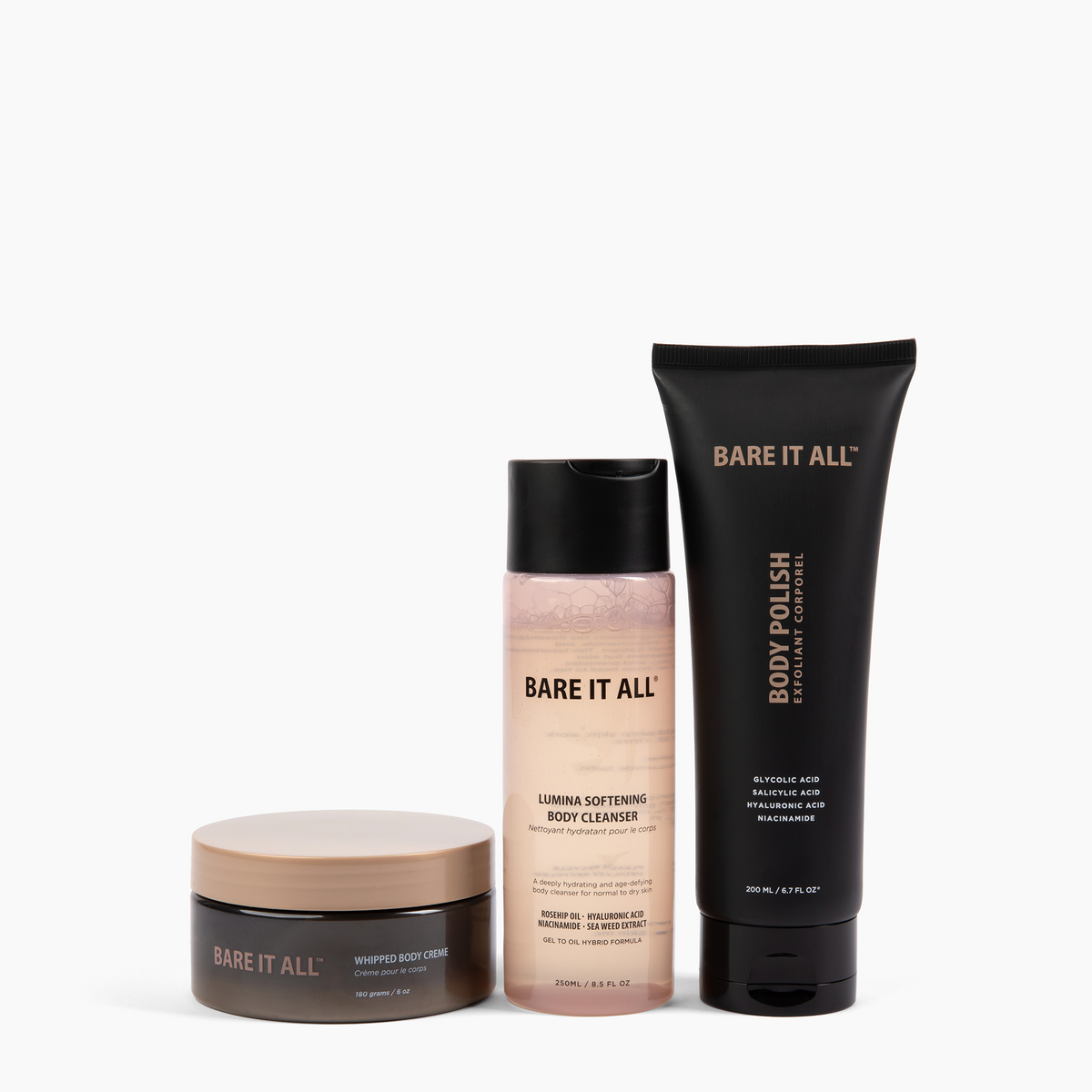 THREE-STEP ESSENTIALS BODY CARE ROUTINE: Cleanser, Body Polish, Whipped Body Creme