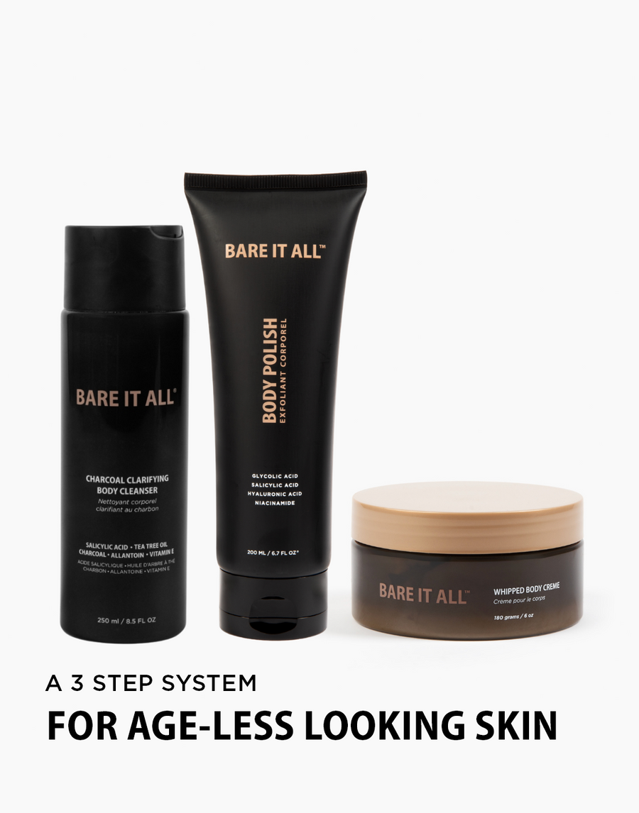 THREE-STEP ESSENTIALS BODY CARE ROUTINE: Charcoal Cleanser, Body Polish, Whipped Body Creme